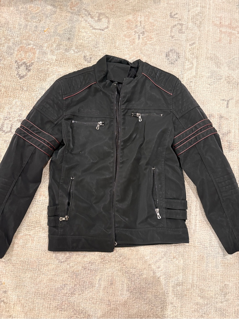 Men's Black Biker Jacket with Red Piping